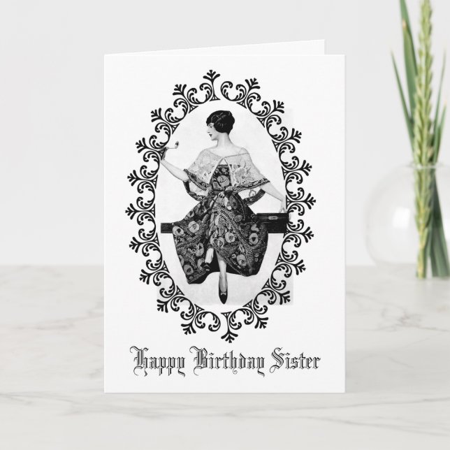 Stunning Vintage Woman Black Lace Birthday Sister Card (Front)