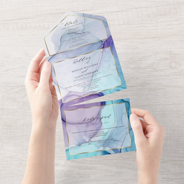 Stunning  Violet Aqua Abstract Ink All In One Invitation (Tearaway)