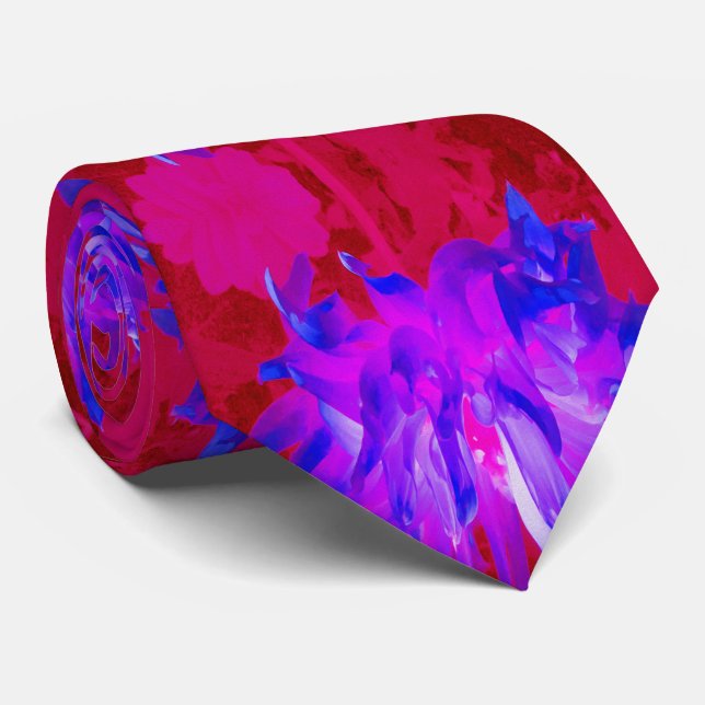 Stunning Violet Blue and Hot Pink Cactus Dahlia Tie (Rolled)