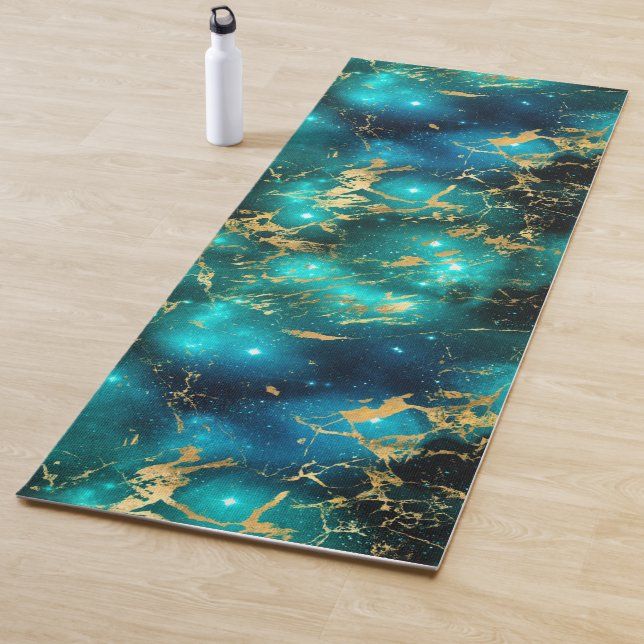 Stunning Watercolor Green & Gold Marble Galaxy Yoga Mat (In Situ)