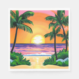 Stunning Watercolor Palm Trees Sunset Napkin