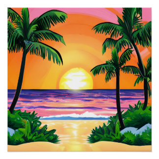 Stunning Watercolor Palm Trees Sunset Poster
