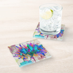 Stunning Watercolor Rainbow Cactus Dahlia Glass Coaster
