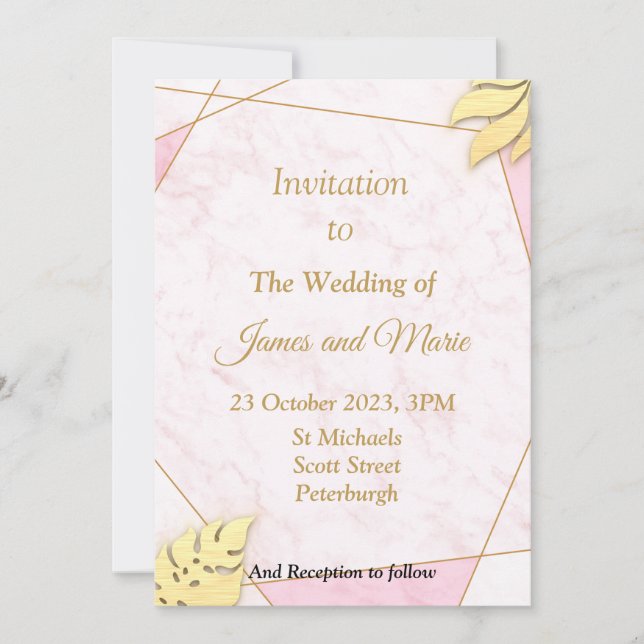 Stunning Wedding Invitation, pink marbling Invitation (Front)