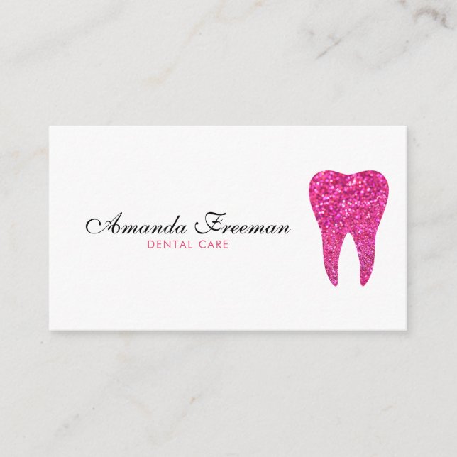 Stunning White and Pink Glitter Dental Care Business Card (Front)