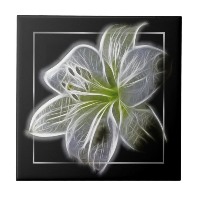 Stunning White Lily Fractal Art Black Ceramic Tile (Front)