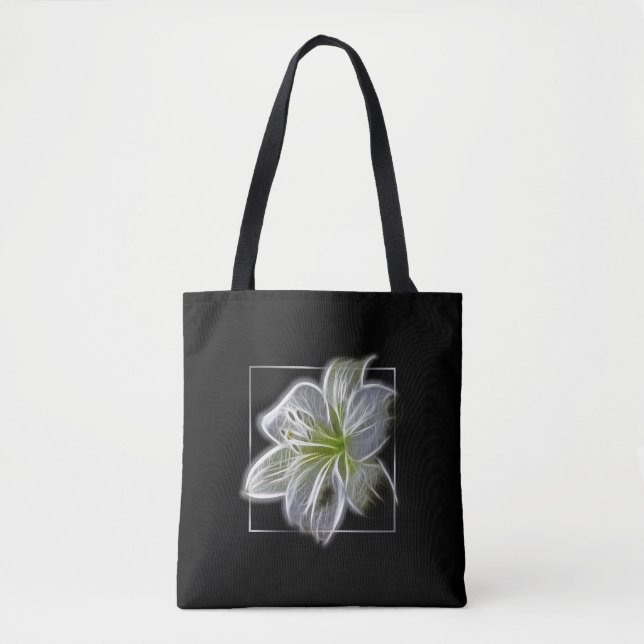 Stunning White Lily Fractal Art Black Tote Bag (Front)