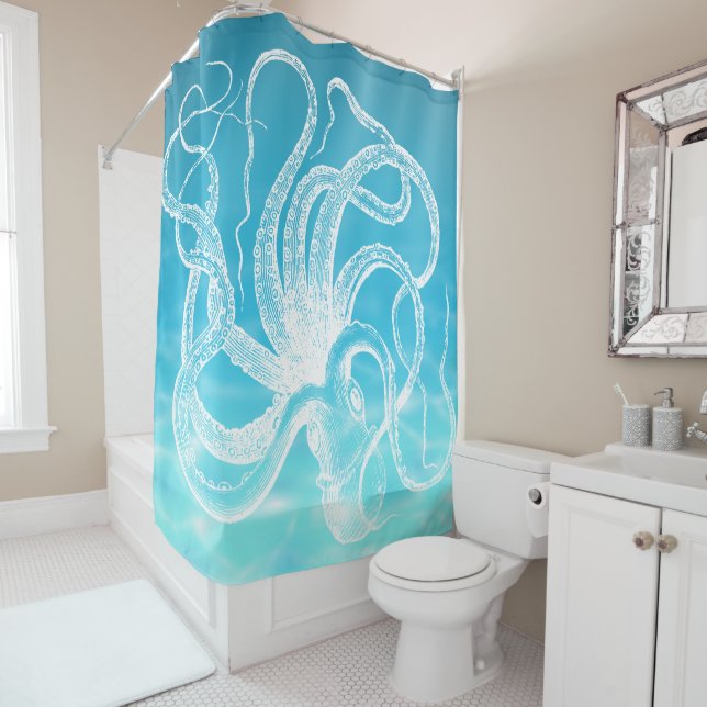 Stunning White Octopus Illustration  Ocean Water Shower Curtain (In Situ)