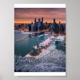 Stunning Winter Aerial View of Chicago Skyline Poster