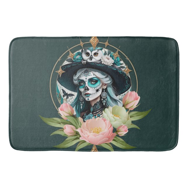 Stunning woman  with a stunning sugar skull makeup bath mat (Front)