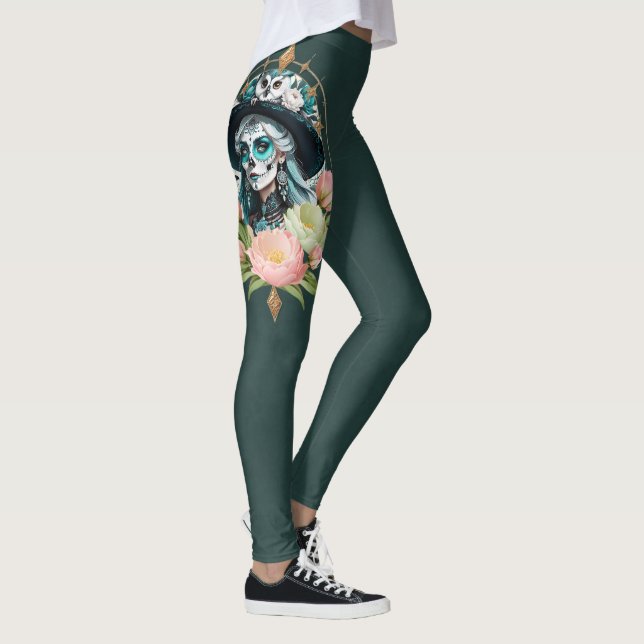 Stunning woman  with a stunning sugar skull makeup leggings (Right)