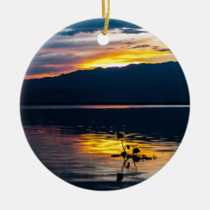 Stunning yellow sky, blue landscape, photo skies ceramic ornament