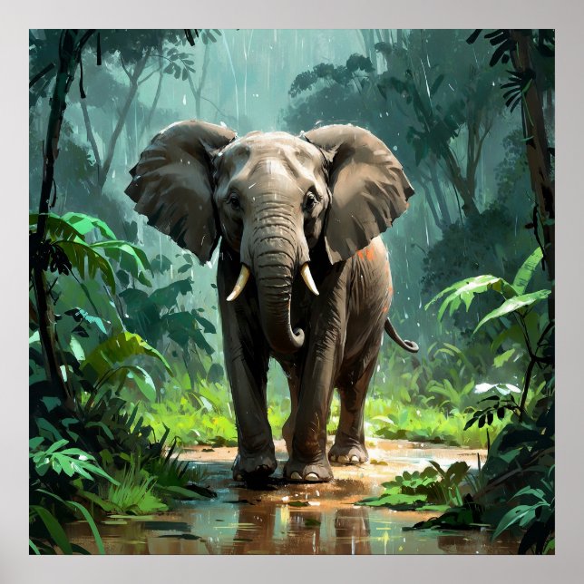 Stunning Young Elephant under Rain in Jungle Poster (Front)