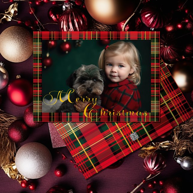 Stunningly Elegant Tartan Plaid Photo Christmas Holiday Card (Beautiful Christmas Red and Green Tartan 'Merry Christmas' Photo Holiday Card)