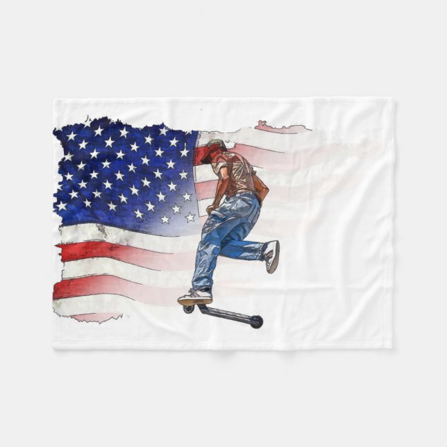 Stunt Scooter Rider and US Flag  Fleece Blanket (Front (Horizontal))