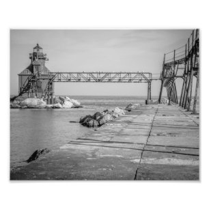 Sturgeon Bay Lighthouse Pier Black and White Photo Print
