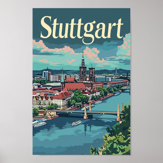 Stuttgart Germany Vintage Travel Illustration Poster (Front)