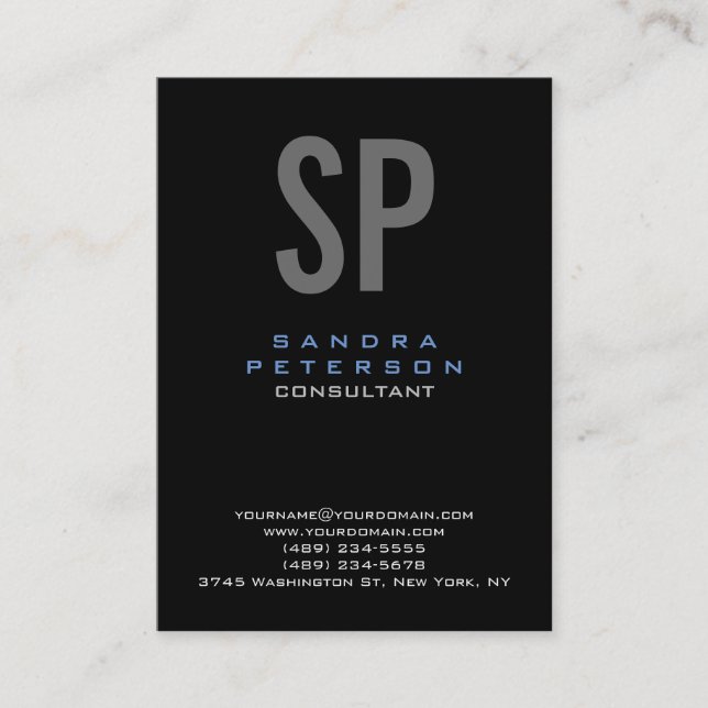 Style Black Blue Grey Monogram Modern Professional Business Card (Front)