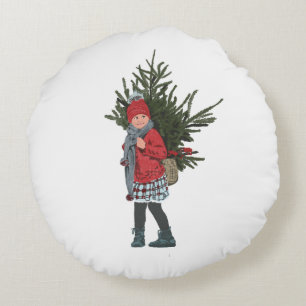 Style Christmas Girl Ornament. Round Cushion