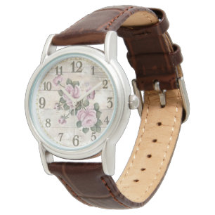 Style: Women's Brown Leather Strap Watch/Flowers Watch