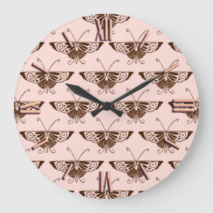 Stylised Art Deco butterfly - chocolate and peach Large Clock