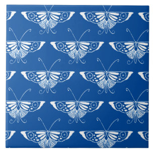 Stylised Art Deco butterfly, cobalt blue and white Ceramic Tile
