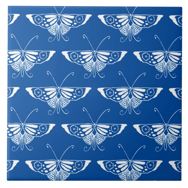Stylised Art Deco butterfly, cobalt blue and white Ceramic Tile (Front)