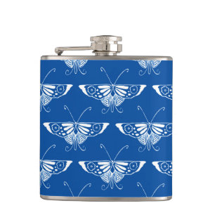 Stylised Art Deco butterfly, cobalt blue and white Hip Flask