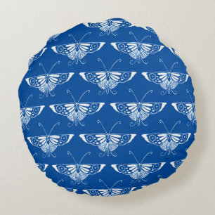 Stylised Art Deco butterfly, cobalt blue and white Round Cushion