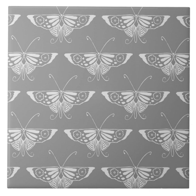 Stylised Art Deco butterfly, shades of grey / grey Ceramic Tile (Front)