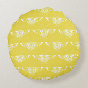 Stylised Art Deco butterfly - yellow and white Round Cushion