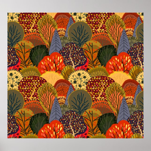 Stylised autumn trees, bright forest pattern. poster (Front)