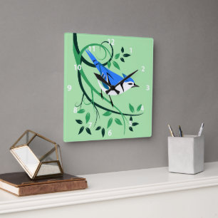 Stylised Bird Art Blue Jay Square Wall Clock