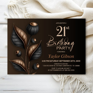 Stylised Black and Copper Eucalyptus 21st Birthday Invitation