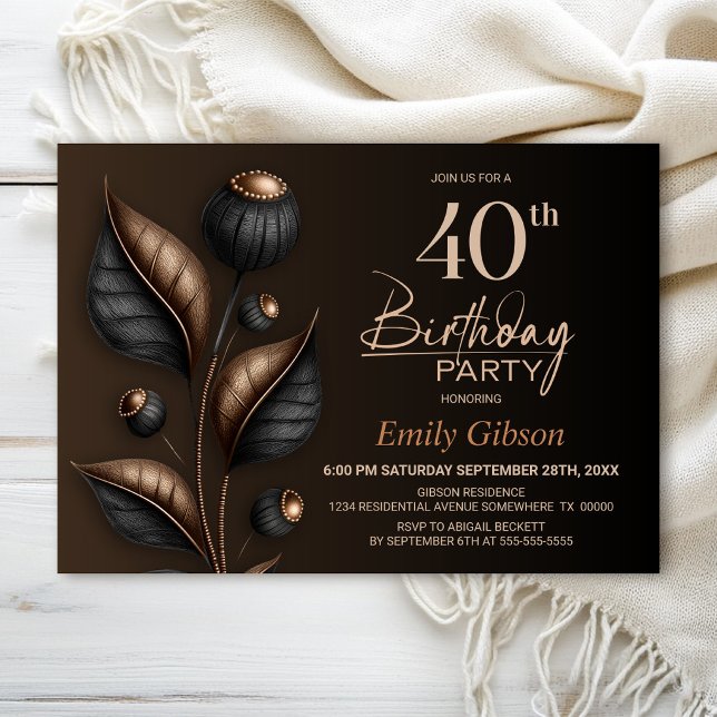 Stylised Black and Copper Eucalyptus 40th Birthday Invitation (Creator Uploaded)
