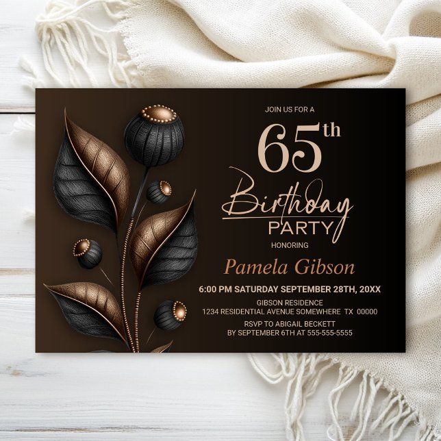 Stylised Black and Copper Eucalyptus 65th Birthday Invitation (Creator Uploaded)