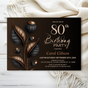Stylised Black and Copper Eucalyptus 80th Birthday Invitation