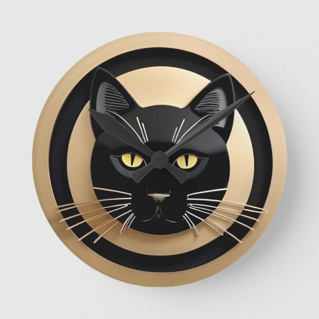Stylised Black Cat Illustration Round Clock (Front)