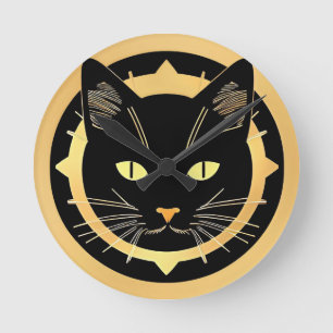 Stylised Black Cat Illustration Round Clock
