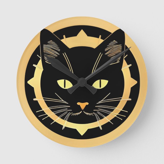 Stylised Black Cat Illustration Round Clock (Front)