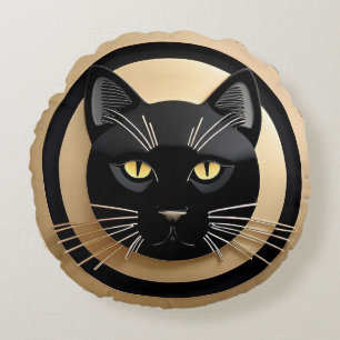 Stylised Black Cat Illustration Round Cushion