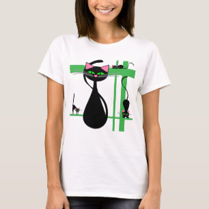 Stylised Black Cats on a Green Grid T-Shirt