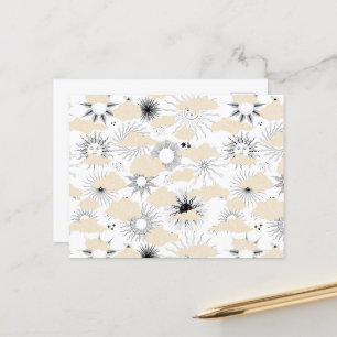 Stylised black suns behind textured tan clouds postcard