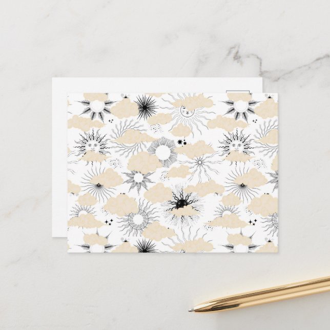 Stylised black suns behind textured tan clouds postcard (Front/Back In Situ)