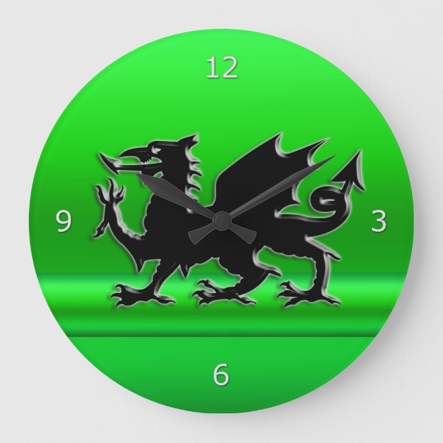 Stylised Black Welsh Dragon, green metallic effect Large Clock (Front)