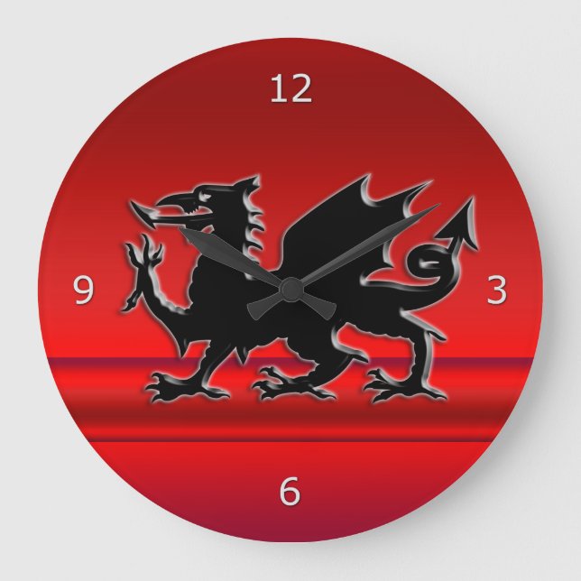 Stylised Black Welsh Dragon on red metallic effect Large Clock (Front)