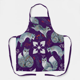 Stylised blue foxes with intricate floral designs Apron