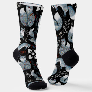  Stylised blue foxes with intricate floral designs Socks