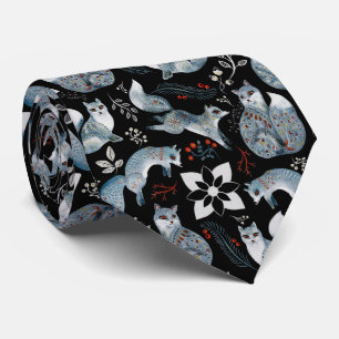  Stylised blue foxes with intricate floral designs Tie