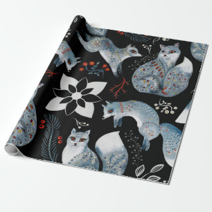 Stylised blue foxes with intricate floral designs Wrapping Paper